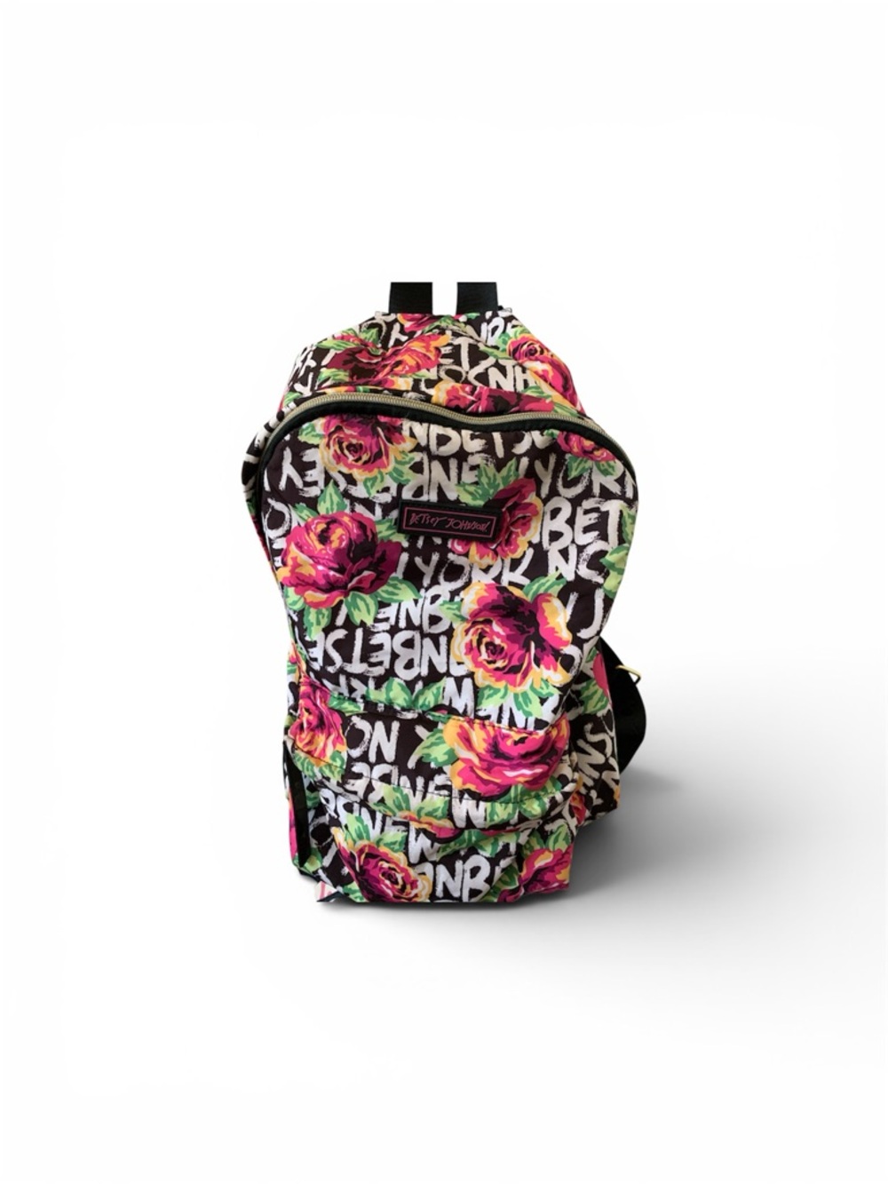 Betsey Johnson Floral Logo Backpack - Black with Pink & Green Roses